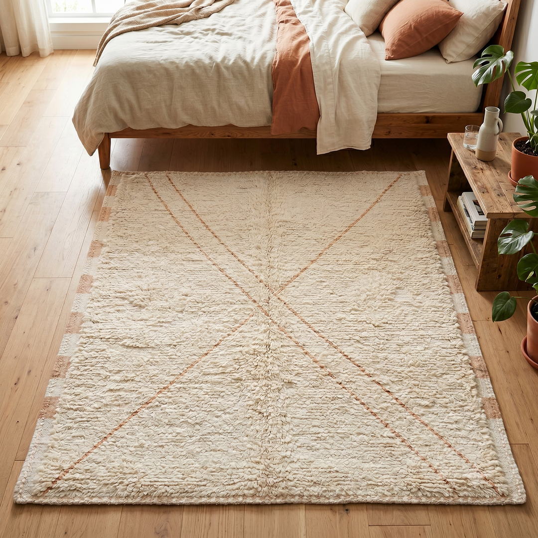 Handmade cream Moroccan Beni Mrirt wool rug with peach checker border and minimalist X line design.