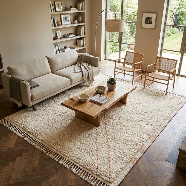 Handmade cream Moroccan Beni Mrirt wool rug with peach checker border and minimalist X line design.