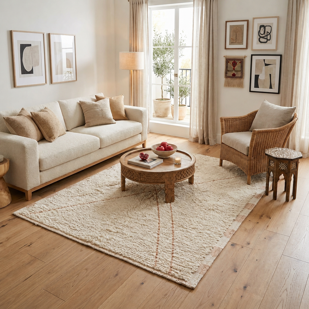 Handmade cream Moroccan Beni Mrirt wool rug with peach checker border and minimalist X line design.