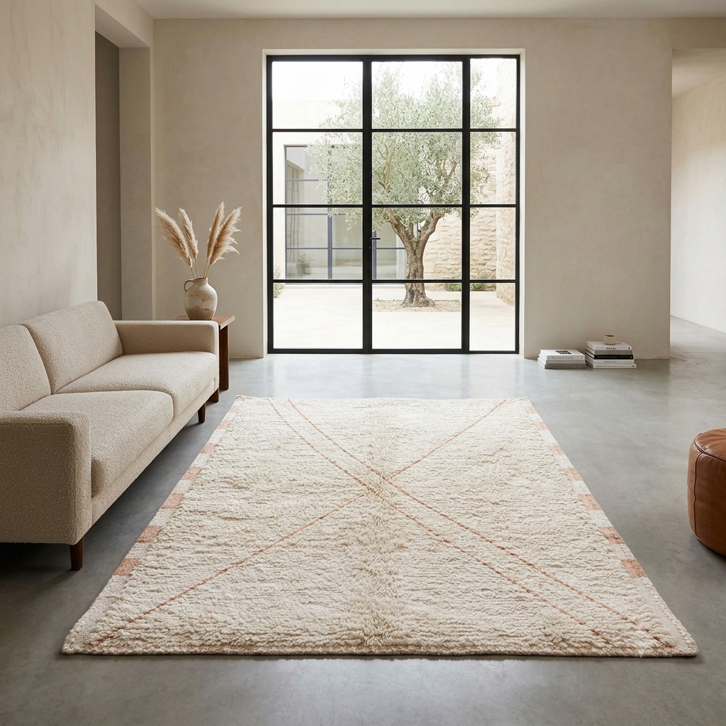 Handmade cream Moroccan Beni Mrirt wool rug with peach checker border and minimalist X line design.