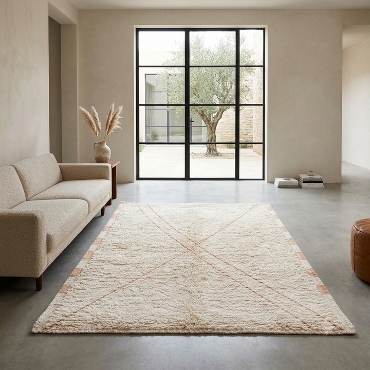 Handmade cream Moroccan Beni Mrirt wool rug with peach checker border and minimalist X line design.