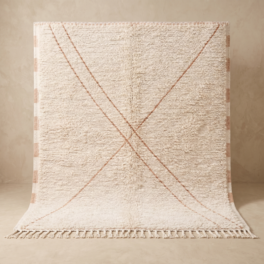 Handmade cream Moroccan Beni Mrirt wool rug with peach checker border and minimalist X line design.