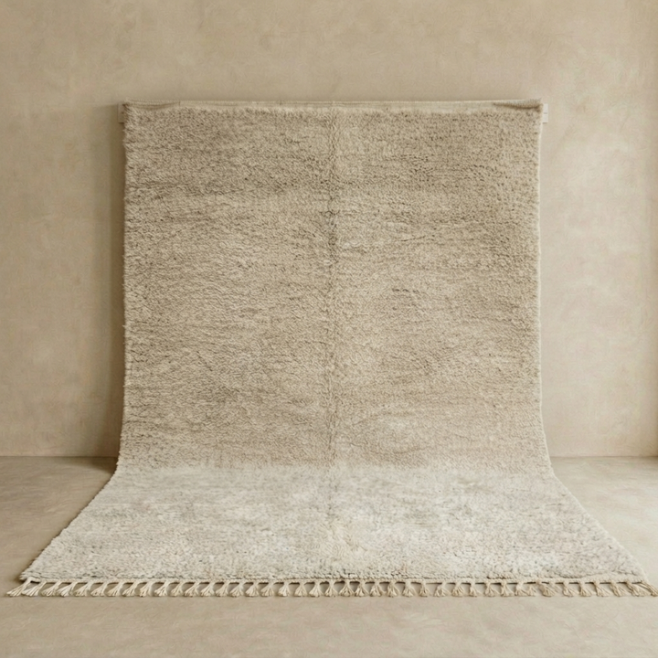 Handmade minimalist cream Beni Ourain Moroccan wool rug 