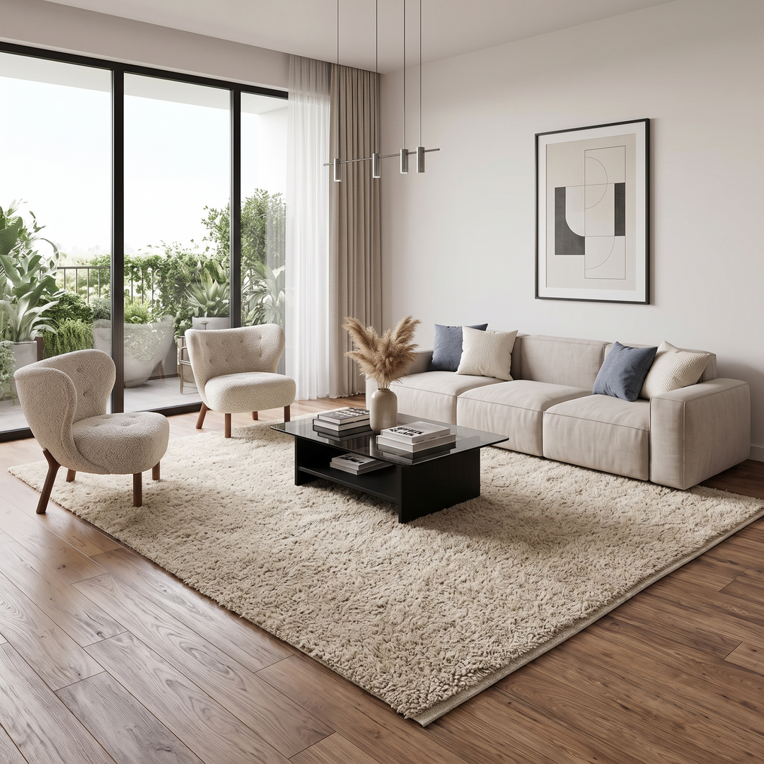 Handmade minimalist cream Beni Ourain Moroccan wool rug 