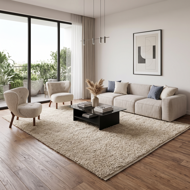 Handmade minimalist cream Beni Ourain Moroccan wool rug 