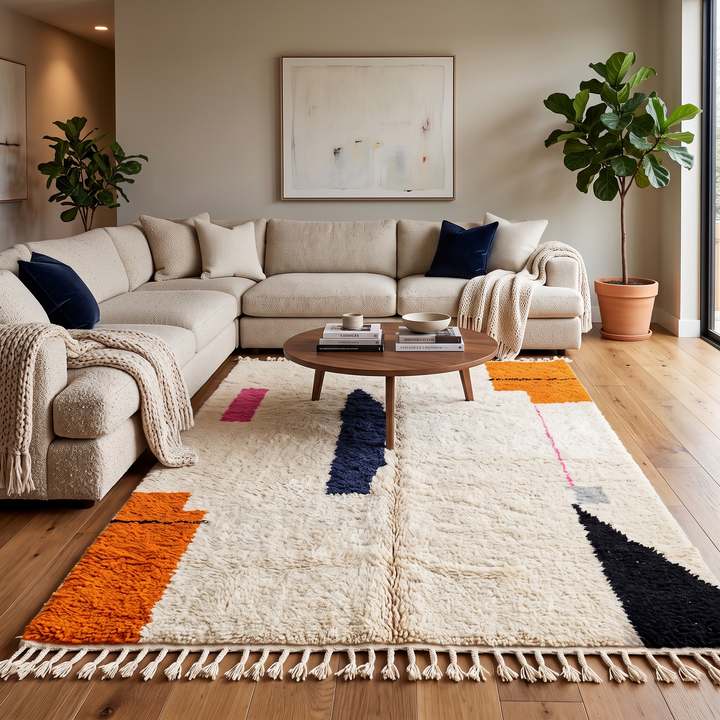 Minimalist Moroccan wool rug with abstract navy, orange and pink line design on cream background