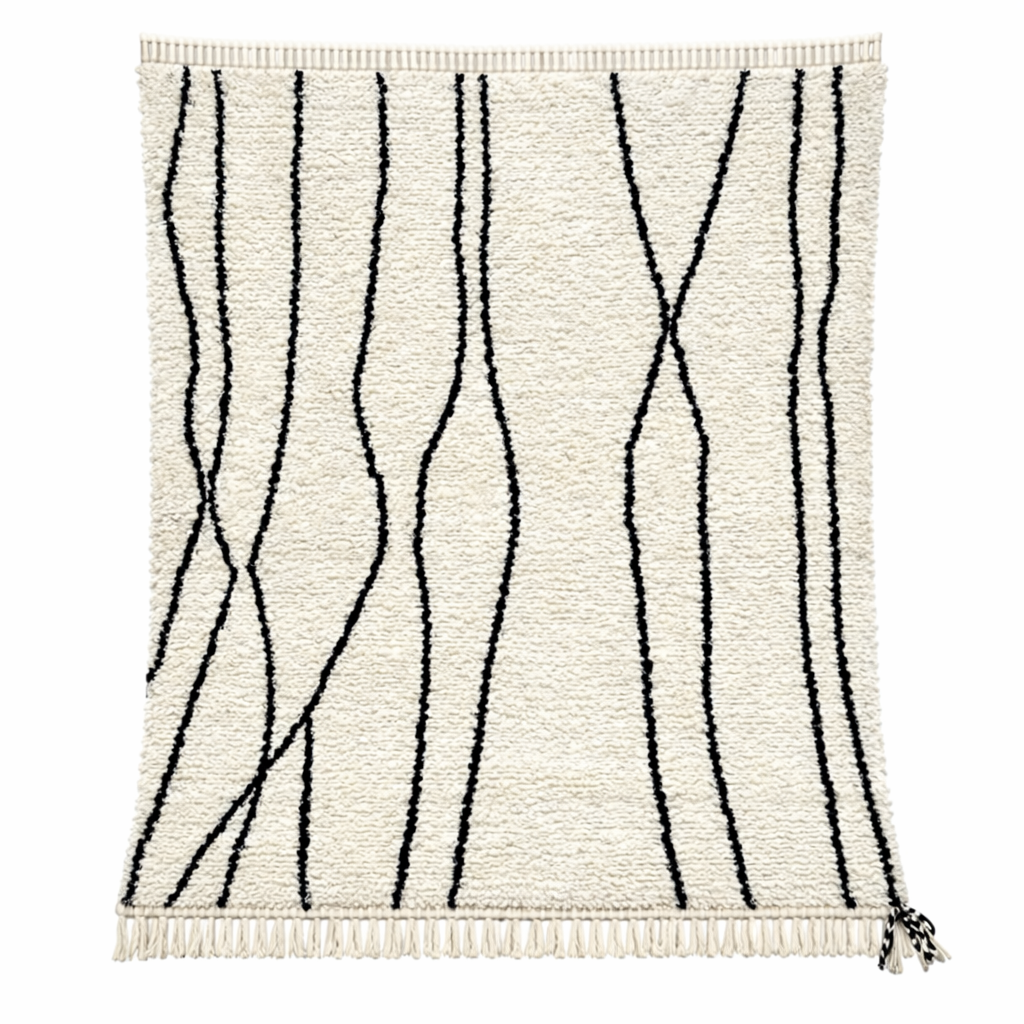 minimalist moroccan wool rug with black linear design on ivory