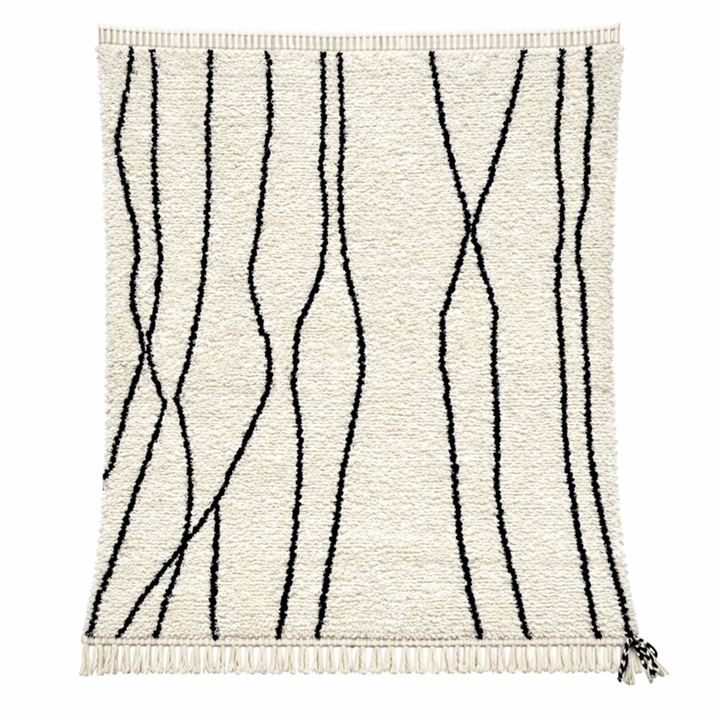 minimalist moroccan wool rug with black linear design on ivory