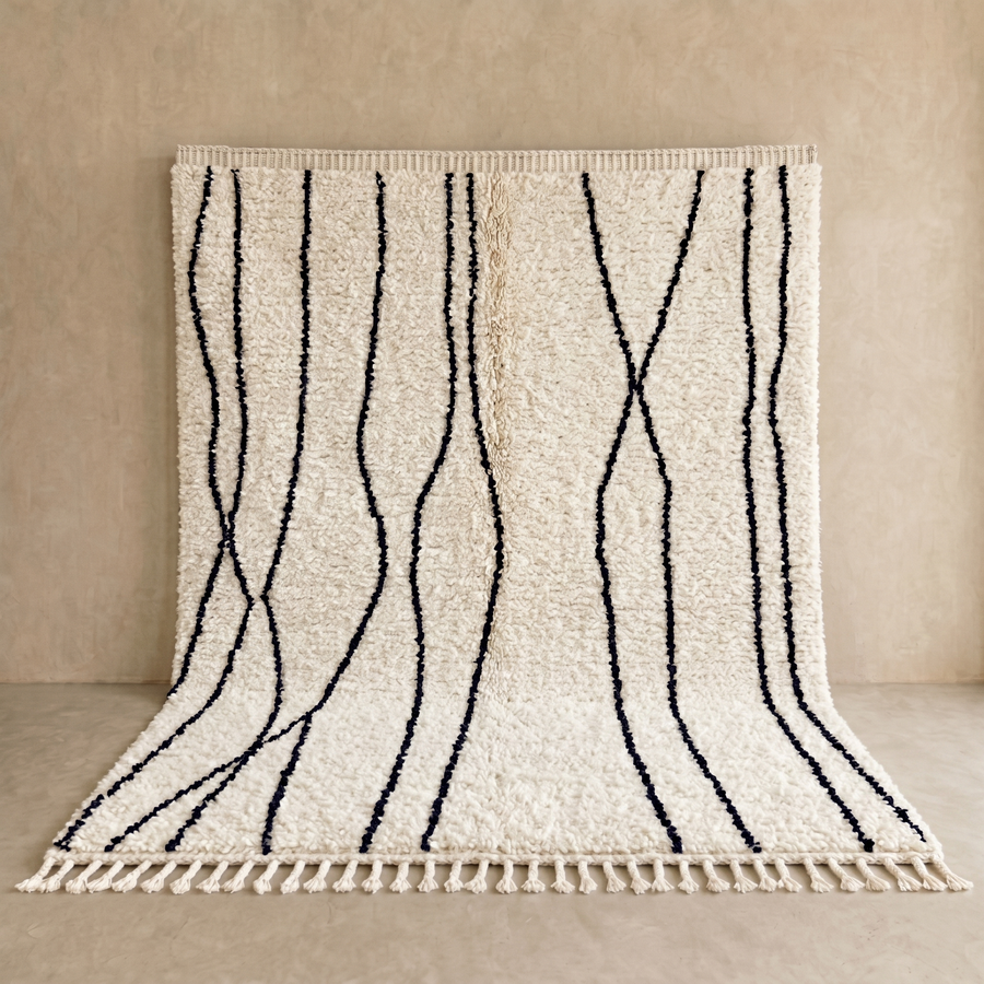 handmade berber wool rug with organic black lines