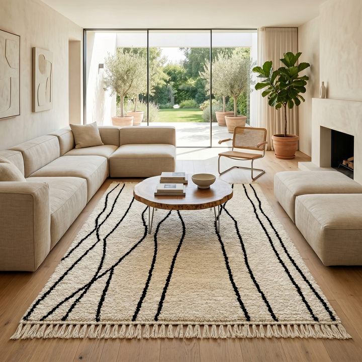 handmade berber wool rug with organic black lines