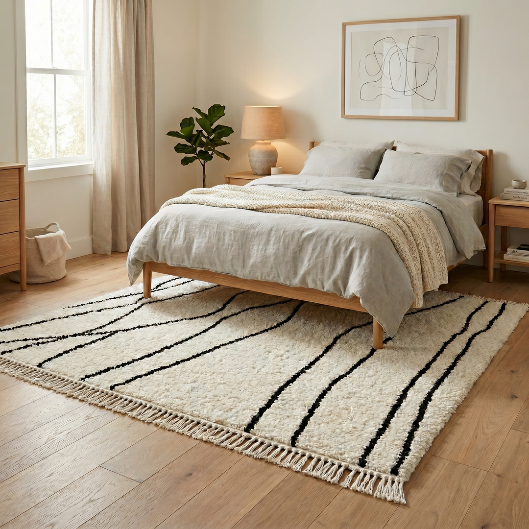 handmade berber wool rug with organic black lines