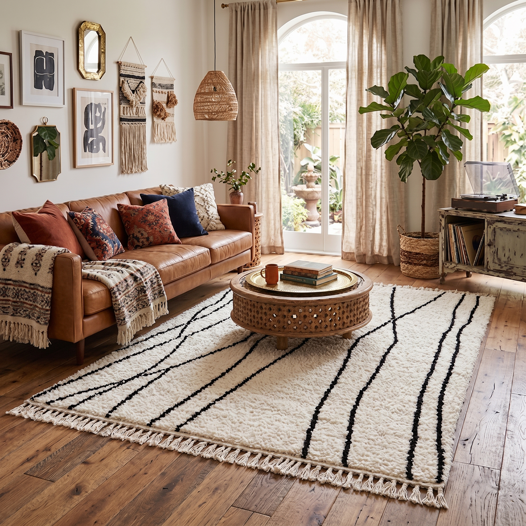 handmade berber wool rug with organic black lines