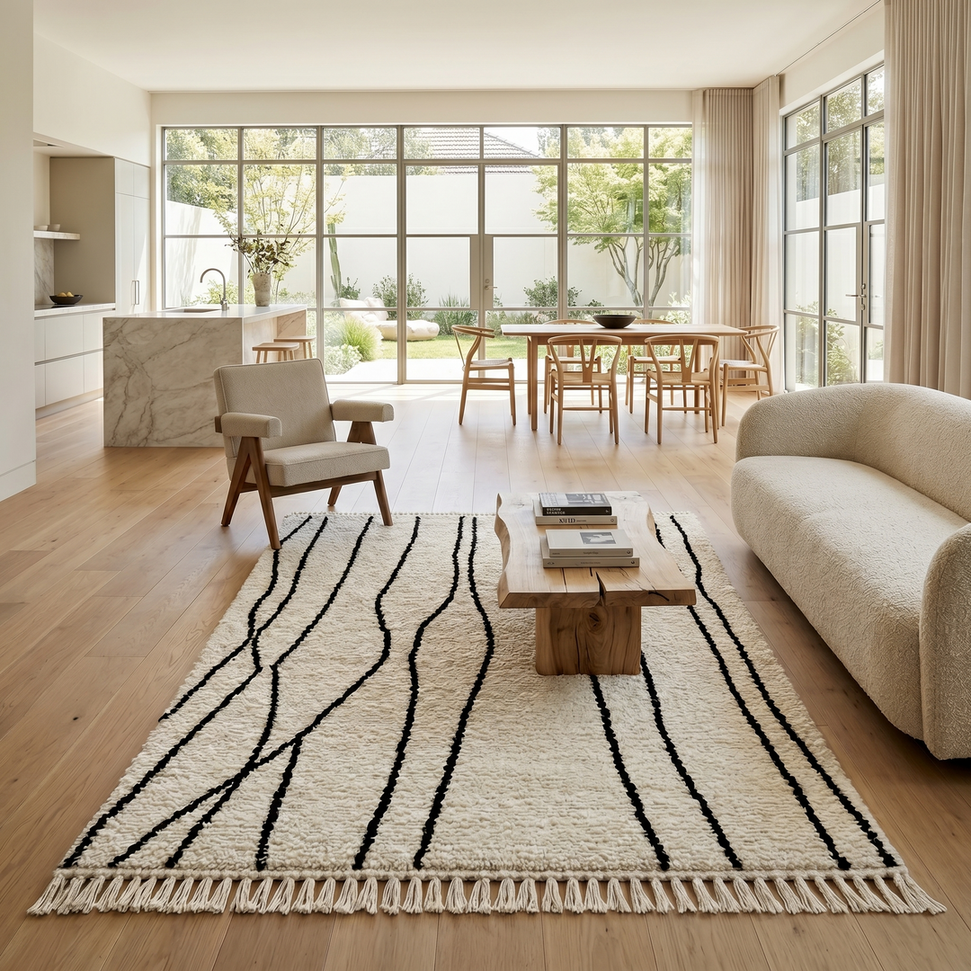 handmade berber wool rug with organic black lines