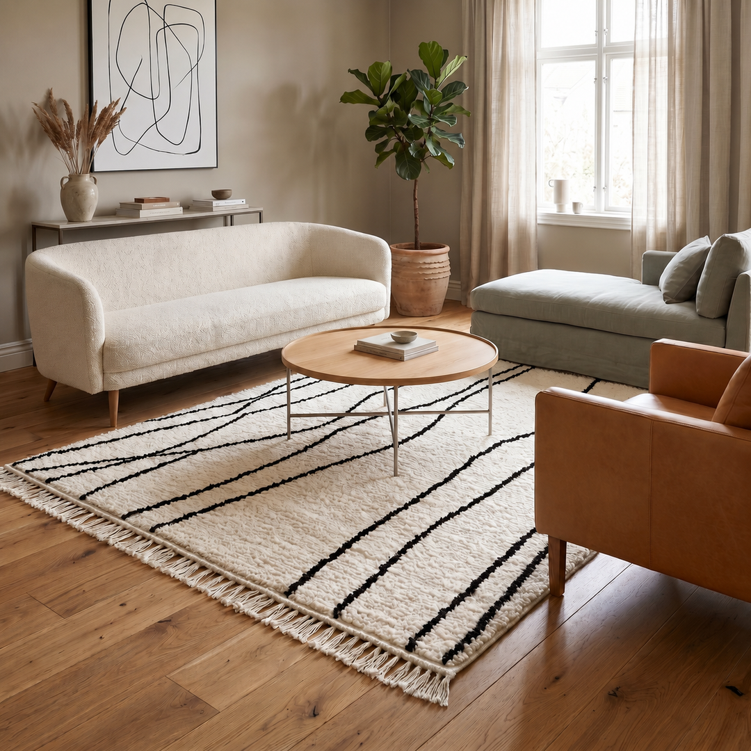 handmade berber wool rug with organic black lines