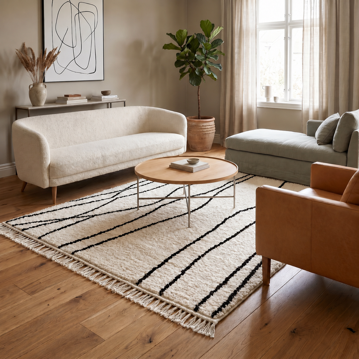 handmade berber wool rug with organic black lines