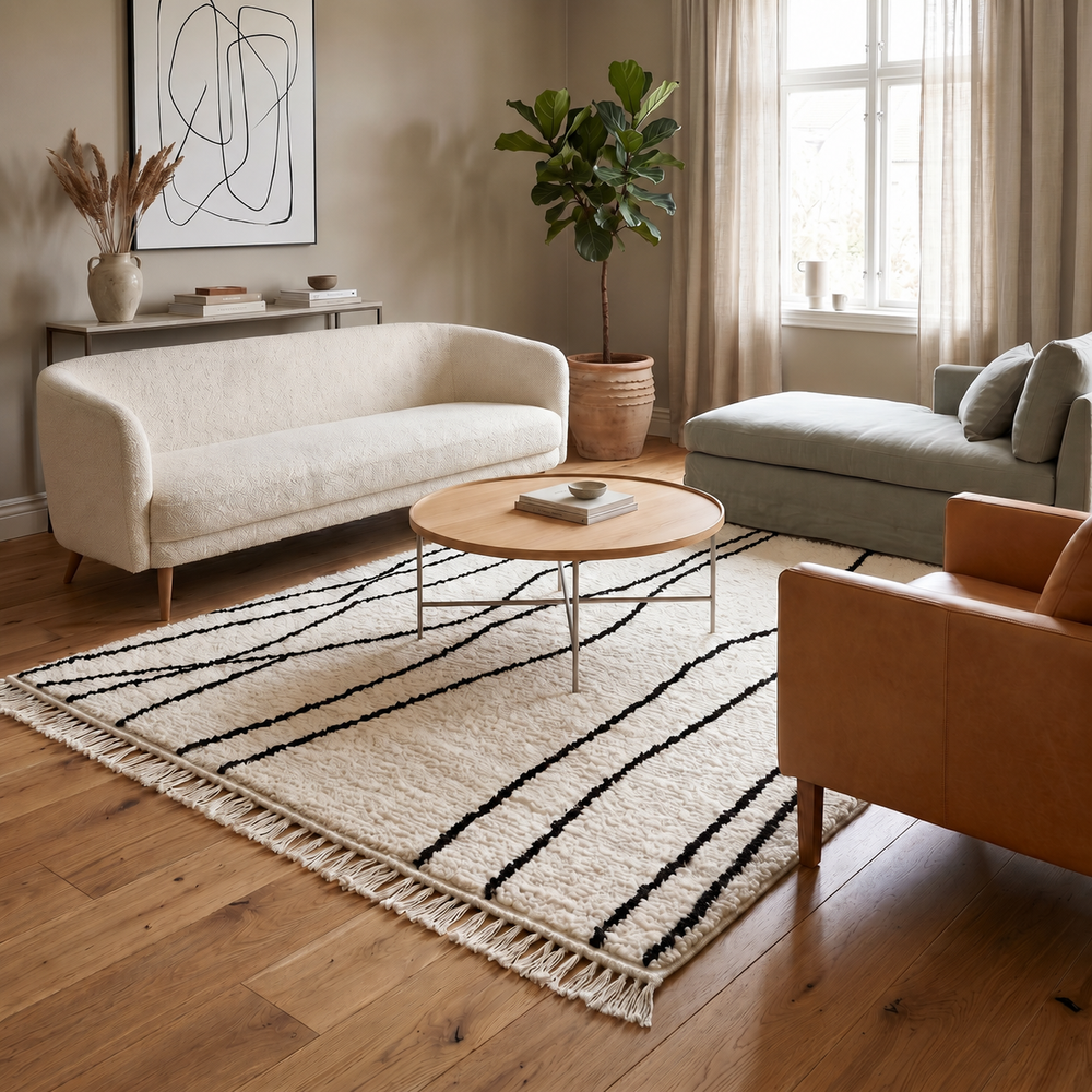 handmade berber wool rug with organic black lines