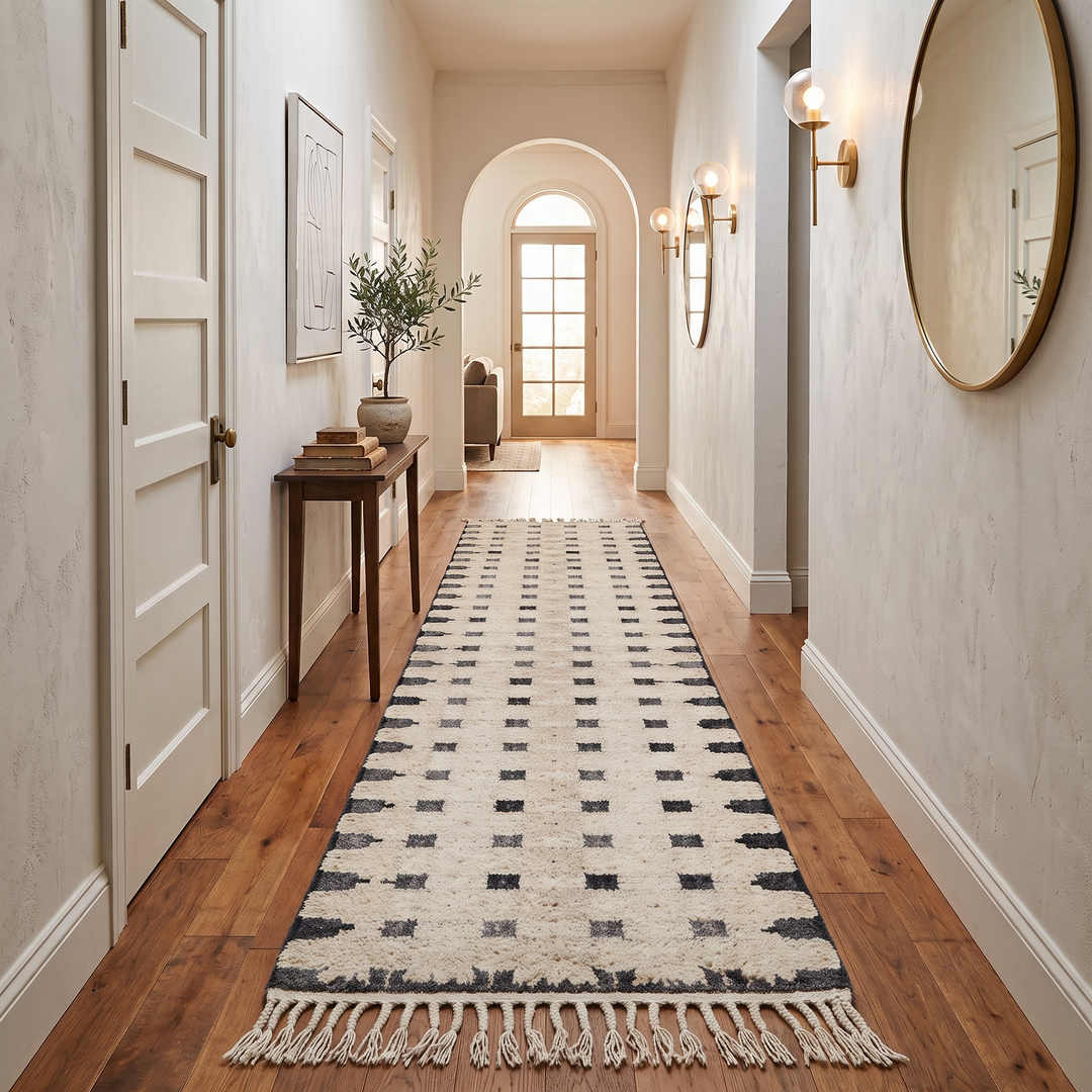 Minimalist Moroccan wool runner rug handmade from natural wool