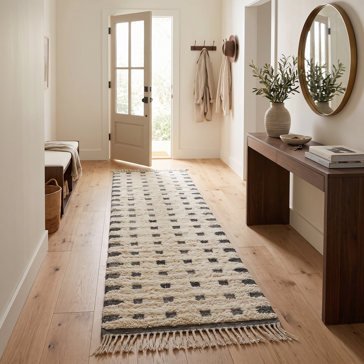 Minimalist Moroccan wool runner rug handmade from natural wool