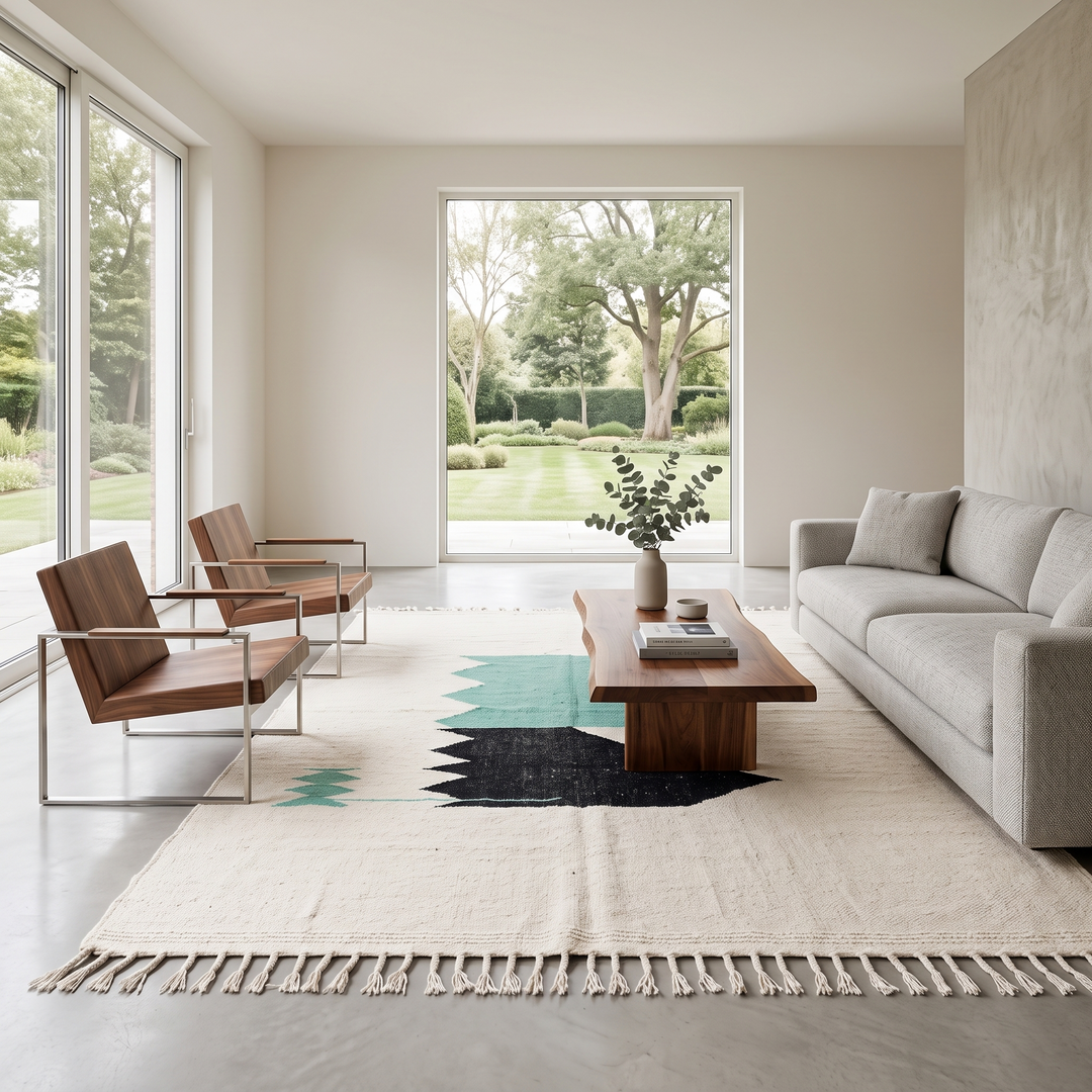 Handwoven Moroccan flatweave wool rug with mint green and black geometric design on ivory background
