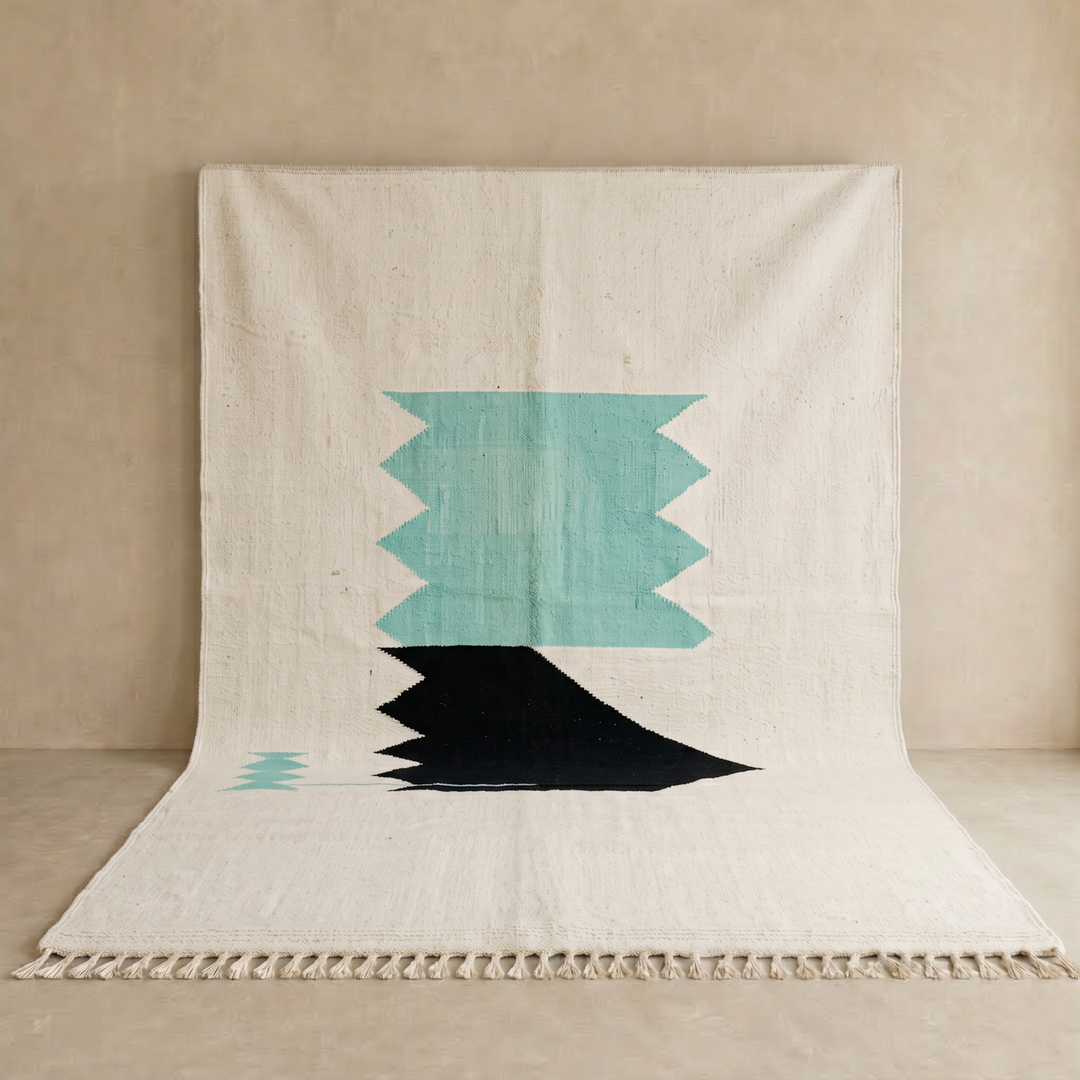 Handwoven Moroccan flatweave wool rug with mint green and black geometric design on ivory background
