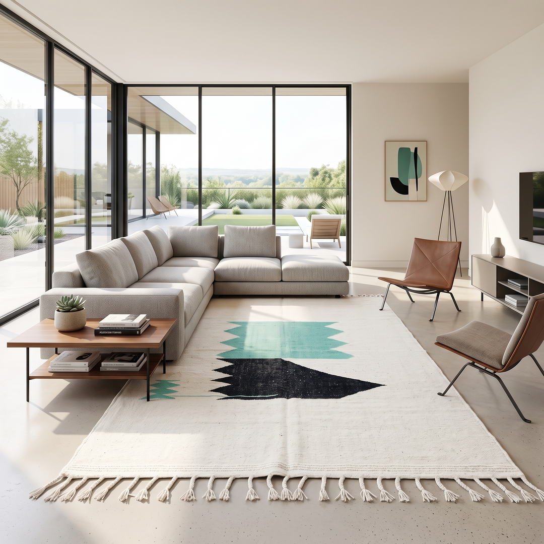 Handwoven Moroccan flatweave wool rug with mint green and black geometric design on ivory background
