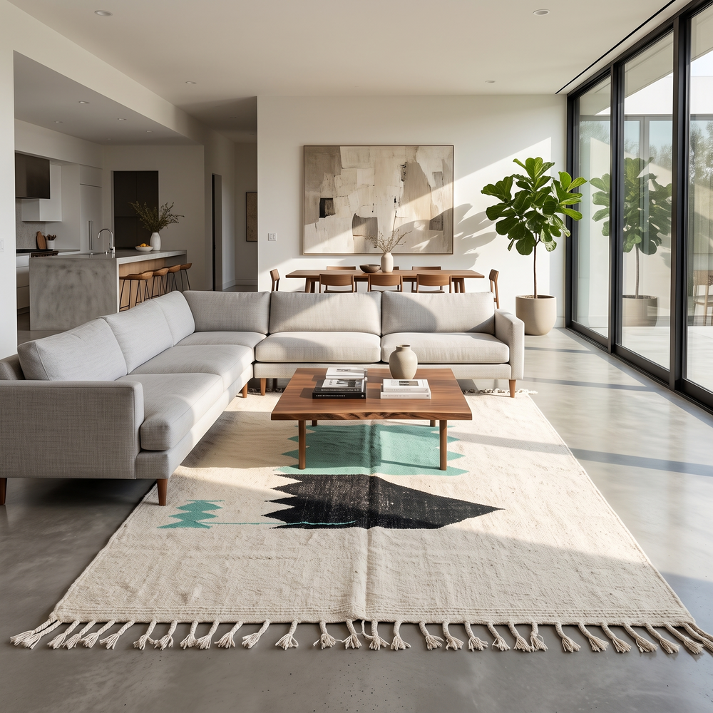 Handwoven Moroccan flatweave wool rug with mint green and black geometric design on ivory background
