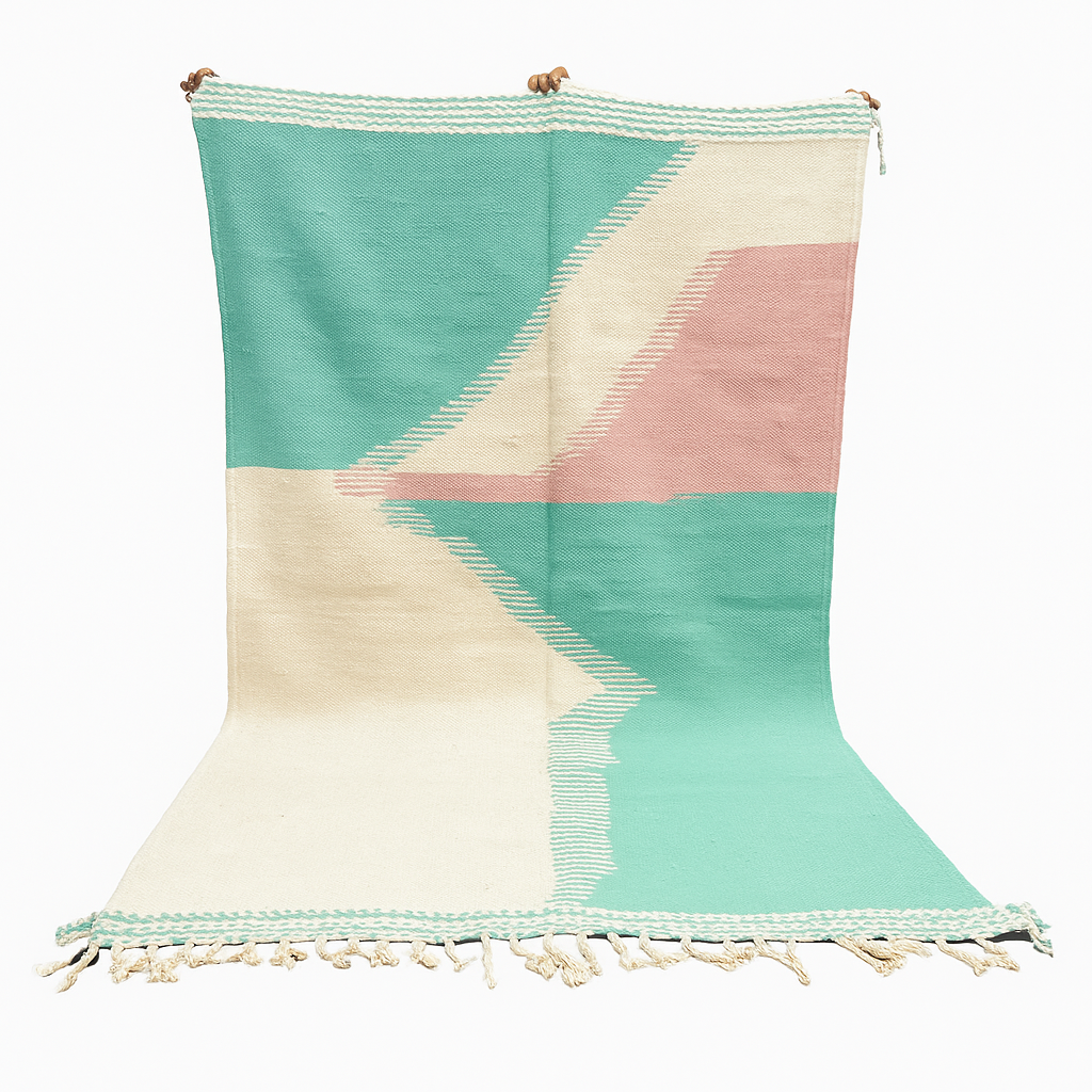 Handwoven Moroccan flatweave wool rug in mint green, rose, and beige – geometric kilim Berber carpet