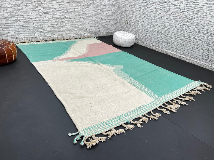 Handwoven Moroccan flatweave wool rug in mint green, rose, and beige – geometric kilim Berber carpet