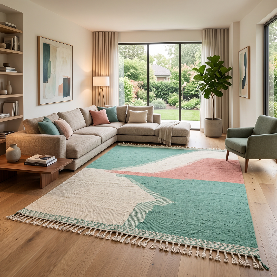 Handwoven Moroccan flatweave wool rug in mint green, rose, and beige – geometric kilim Berber carpet