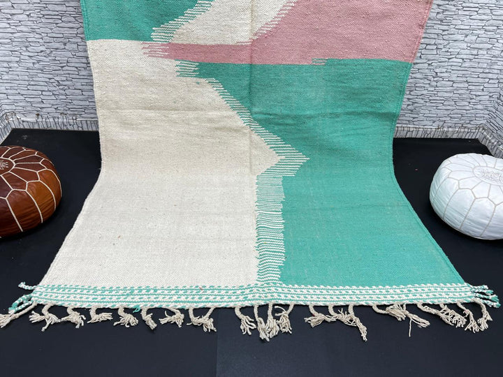 Handwoven Moroccan flatweave wool rug in mint green, rose, and beige – geometric kilim Berber carpet