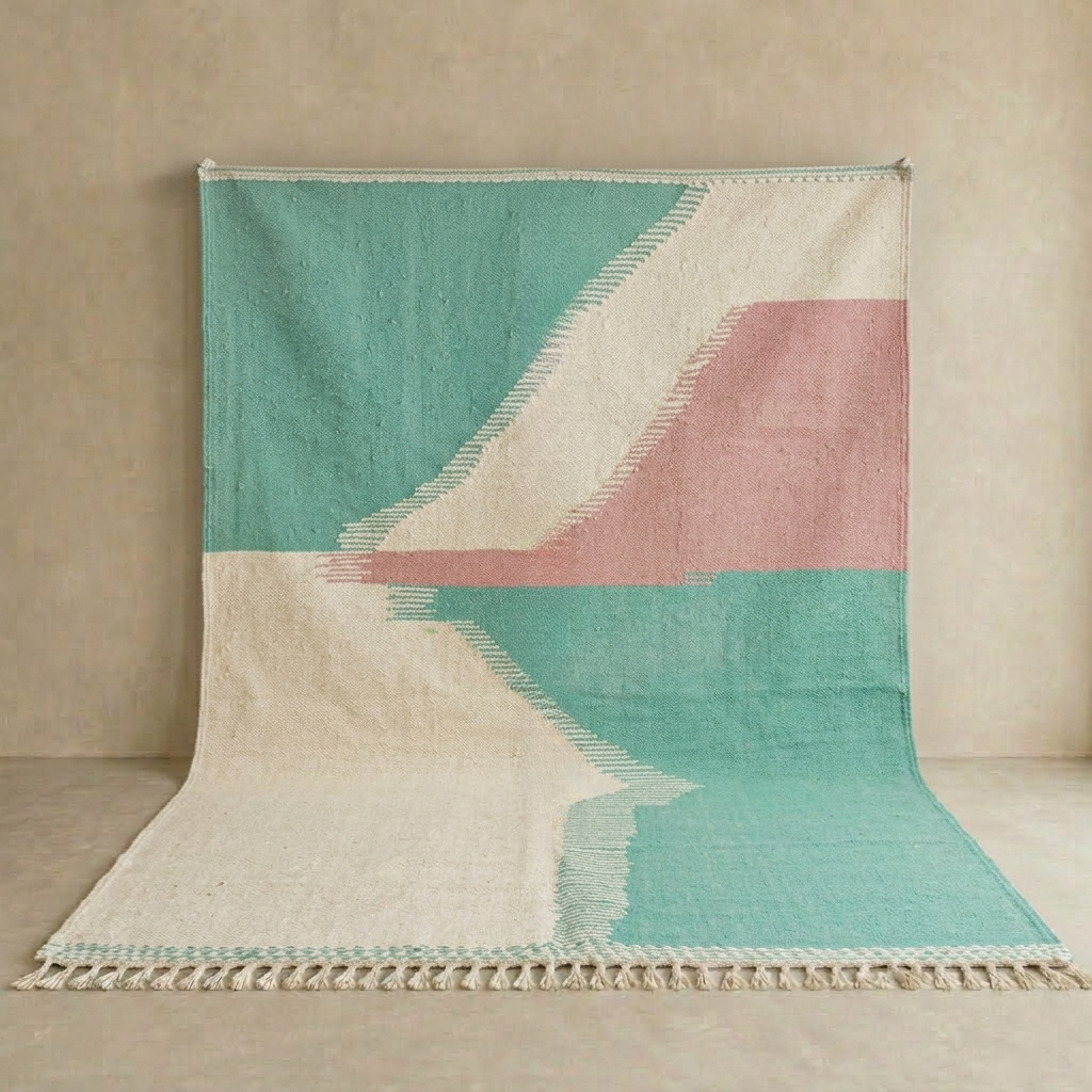 Handwoven Moroccan flatweave wool rug in mint green, rose, and beige – geometric kilim Berber carpet