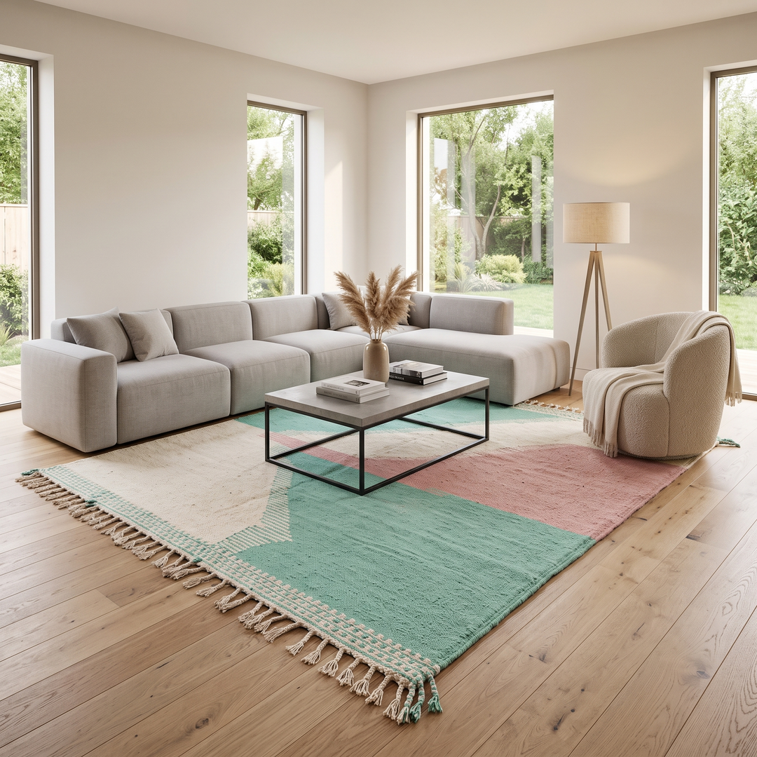 Handwoven Moroccan flatweave wool rug in mint green, rose, and beige – geometric kilim Berber carpet