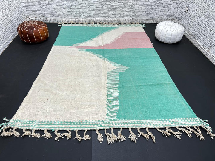 Handwoven Moroccan flatweave wool rug in mint green, rose, and beige – geometric kilim Berber carpet