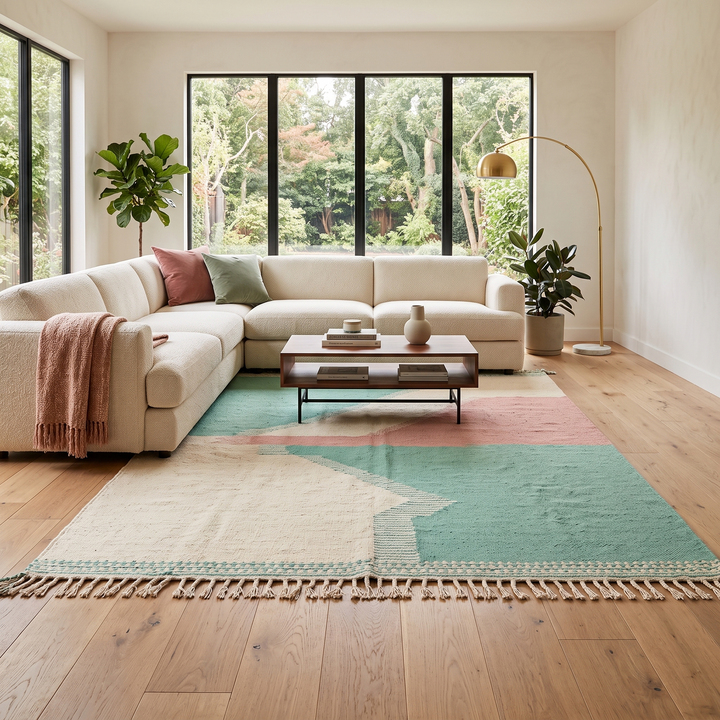 Handwoven Moroccan flatweave wool rug in mint green, rose, and beige – geometric kilim Berber carpet
