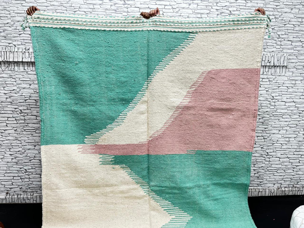 Handwoven Moroccan flatweave wool rug in mint green, rose, and beige – geometric kilim Berber carpet
