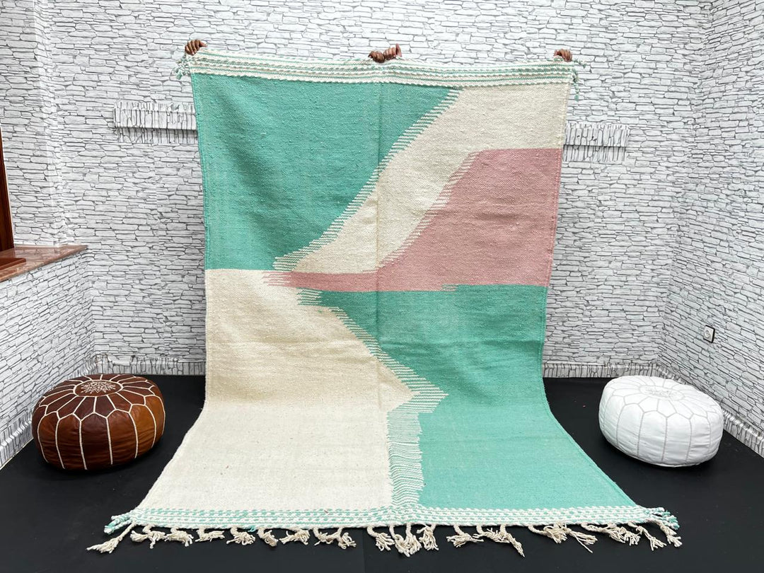 Handwoven Moroccan flatweave wool rug in mint green, rose, and beige – geometric kilim Berber carpet