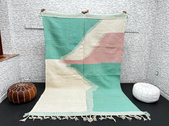 Handwoven Moroccan flatweave wool rug in mint green, rose, and beige – geometric kilim Berber carpet