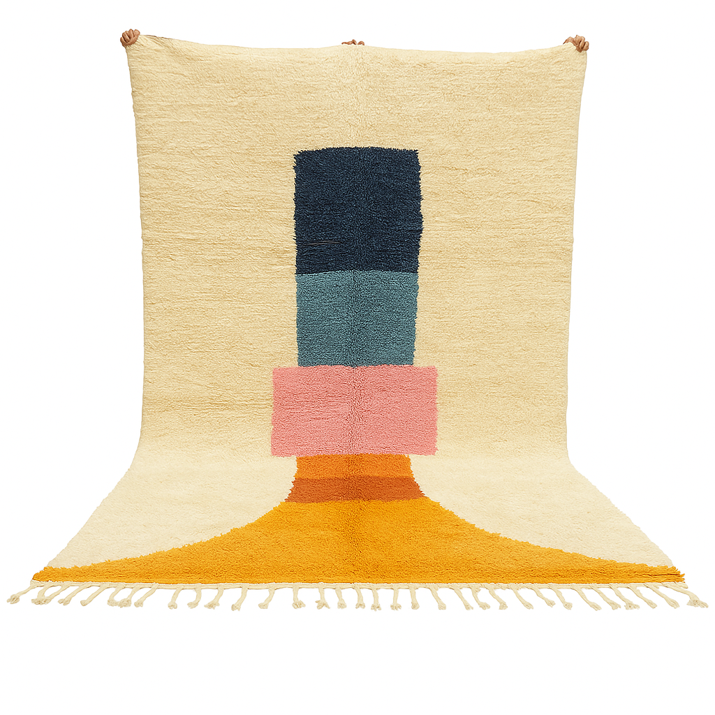 Handmade Moroccan wool rug with modern abstract geometric design in navy, teal, pink, orange, and mustard tones