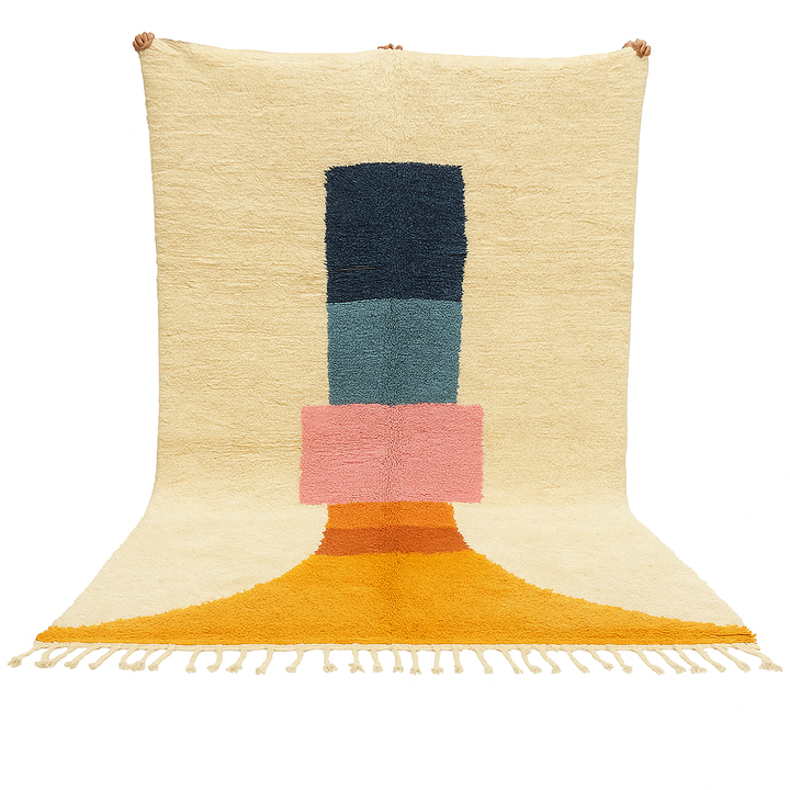 Handmade Moroccan wool rug with modern abstract geometric design in navy, teal, pink, orange, and mustard tones