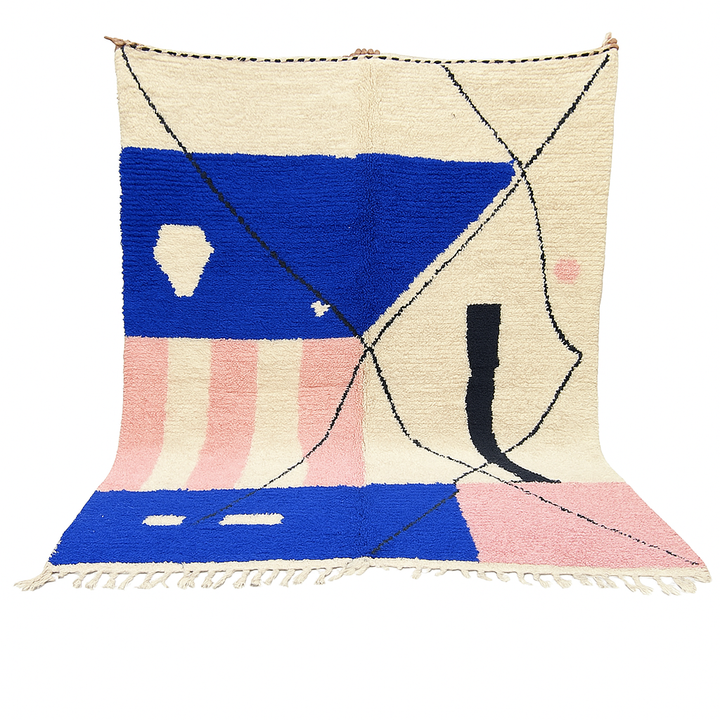 Handmade modern Moroccan wool rug with blue, pink, ivory, and black geometric abstract design