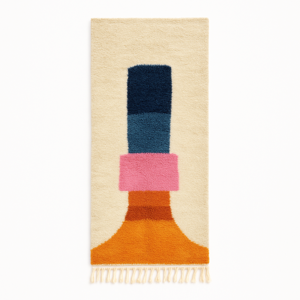 Handmade Moroccan runner rug with colorful abstract geometric shapes in blue, pink, and orange on a white wool background.