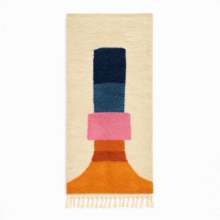 Handmade Moroccan runner rug with colorful abstract geometric shapes in blue, pink, and orange on a white wool background.