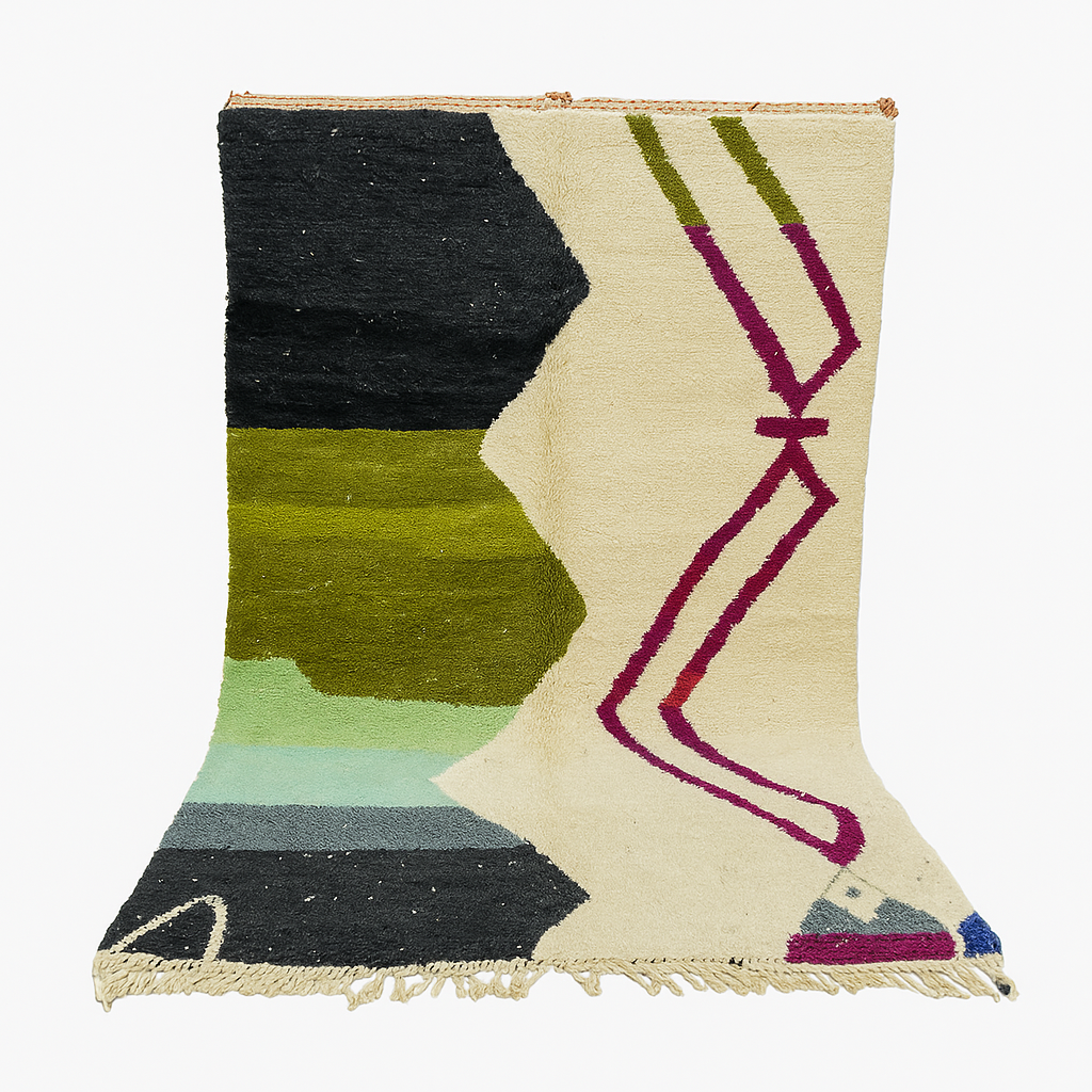Handwoven Moroccan wool rug with abstract modern design in green, black, and magenta