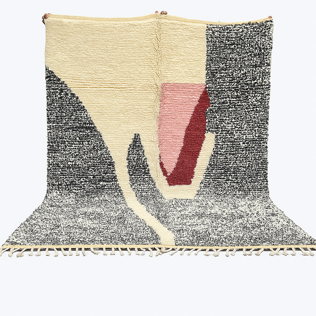 Handwoven Moroccan wool rug with abstract modern pattern in ivory, black, and red tones