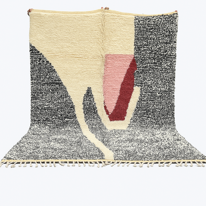 Handwoven Moroccan wool rug with abstract modern pattern in ivory, black, and red tones
