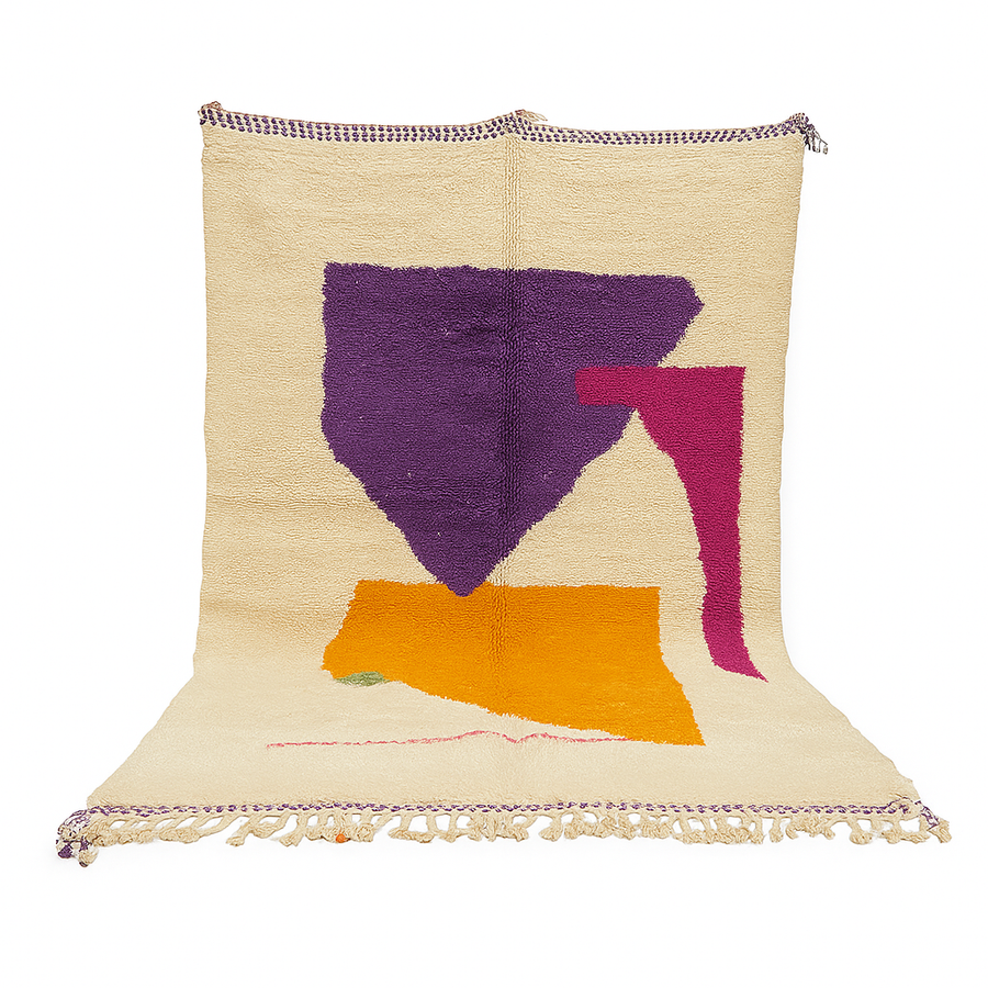 Handwoven Moroccan wool rug with modern abstract geometric shapes in purple, orange, and magenta