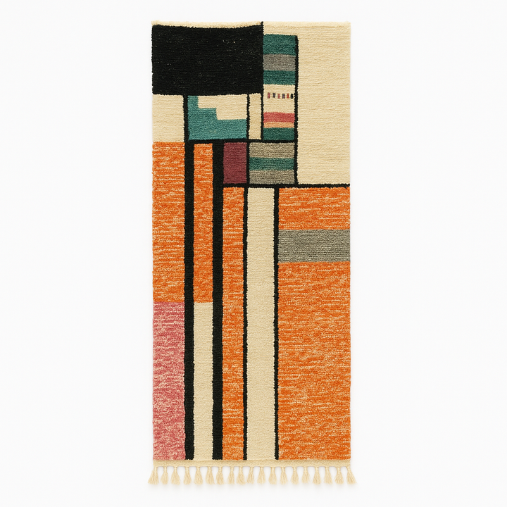 Handmade modern Moroccan wool runner rug with bold abstract geometric patterns in orange, cream, black, pink, teal, and grey