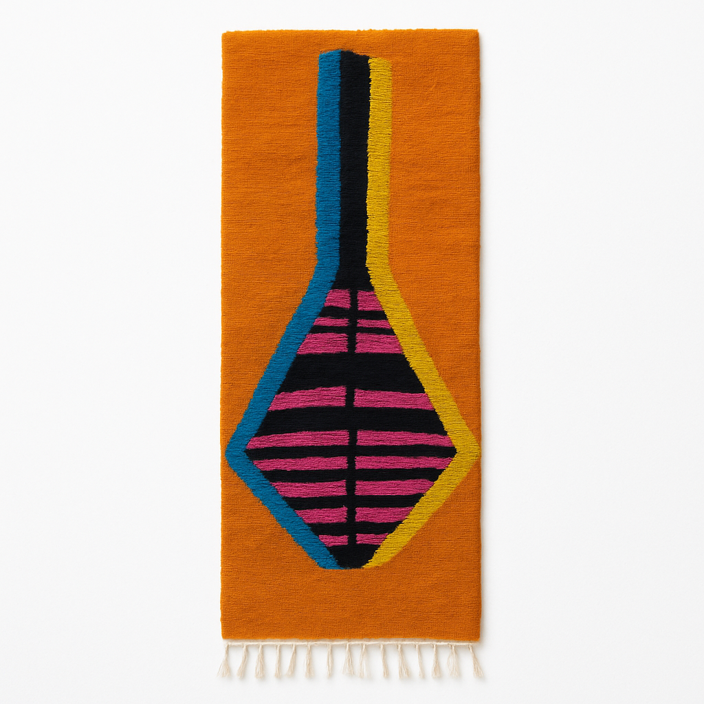 Handmade Moroccan wool runner rug with bold abstract geometric motif on an orange background