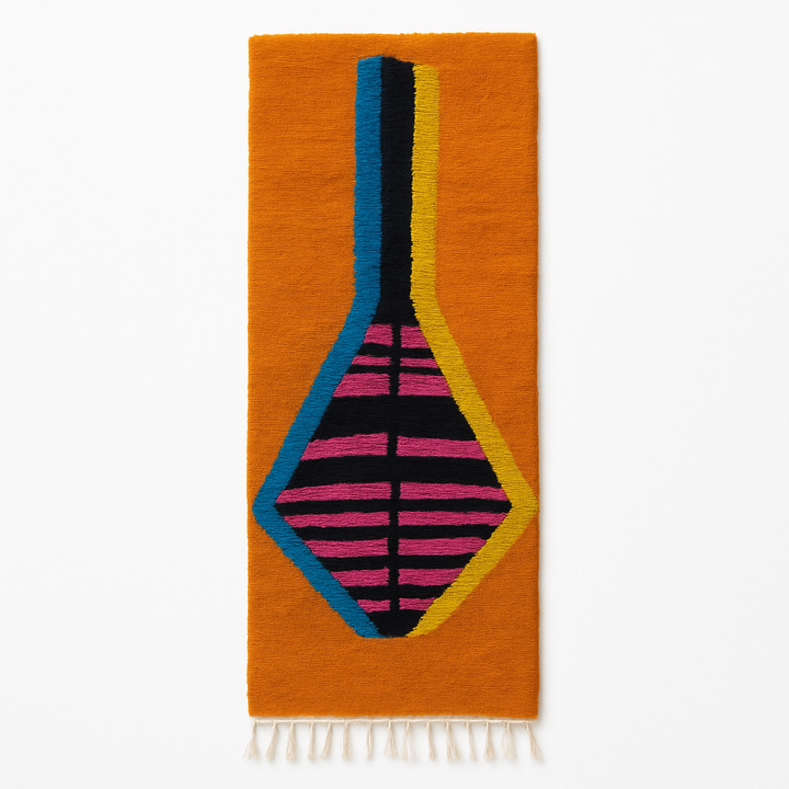 Handmade Moroccan wool runner rug with bold abstract geometric motif on an orange background