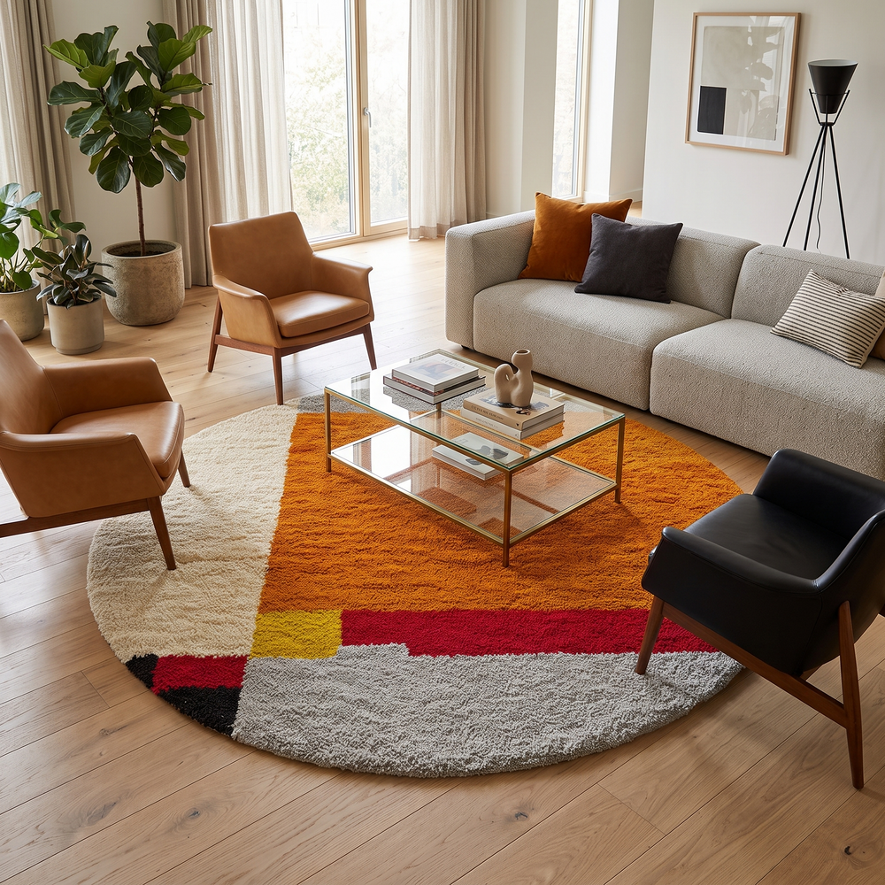 Round handmade Moroccan wool rug with a bold abstract geometric design in burnt orange, ivory, gray, red, yellow, and black.